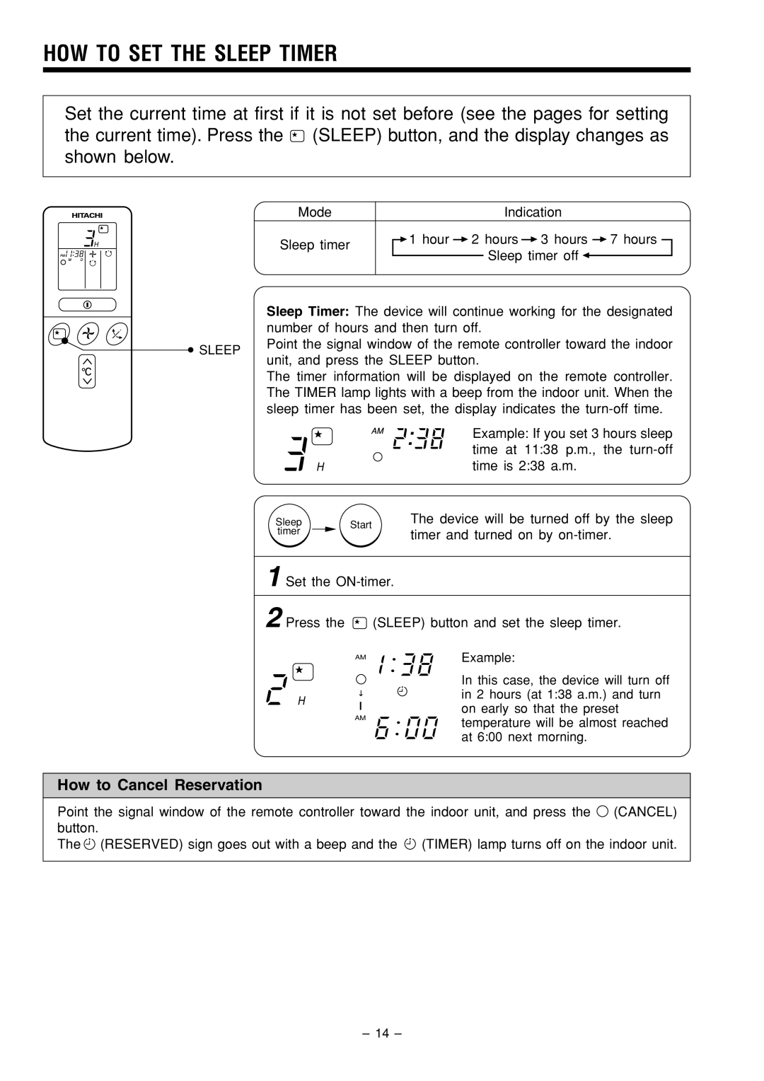 Hitachi RAS-80YHA instruction manual How To Set The Sleep Timer, How to Cancel Reservation 