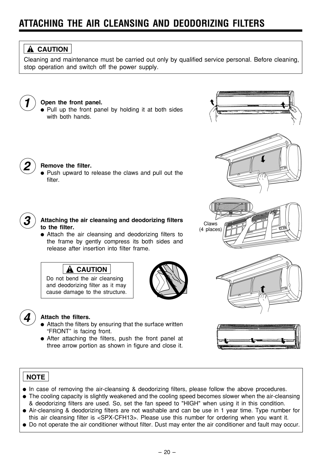 Hitachi RAS-80YHA instruction manual 1 2, Open the front panel, Remove the filter, Attach the filters 