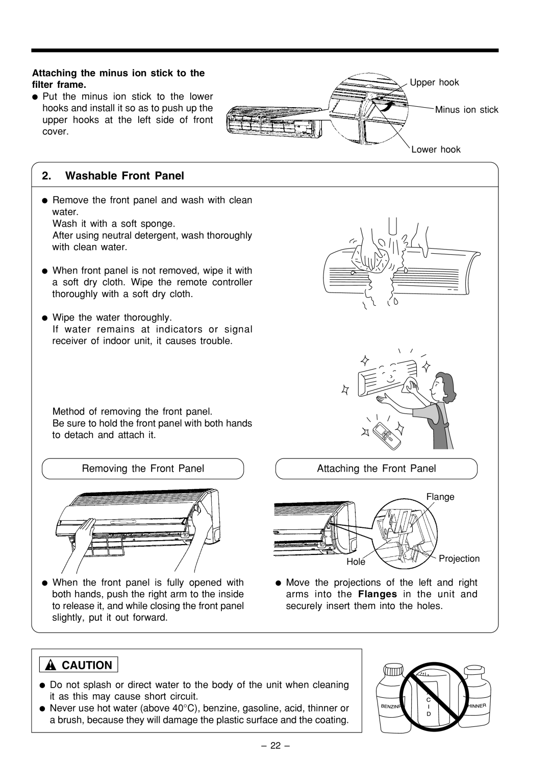 Hitachi RAS-80YHA instruction manual Washable Front Panel, Removing the Front Panel, Attaching the Front Panel 