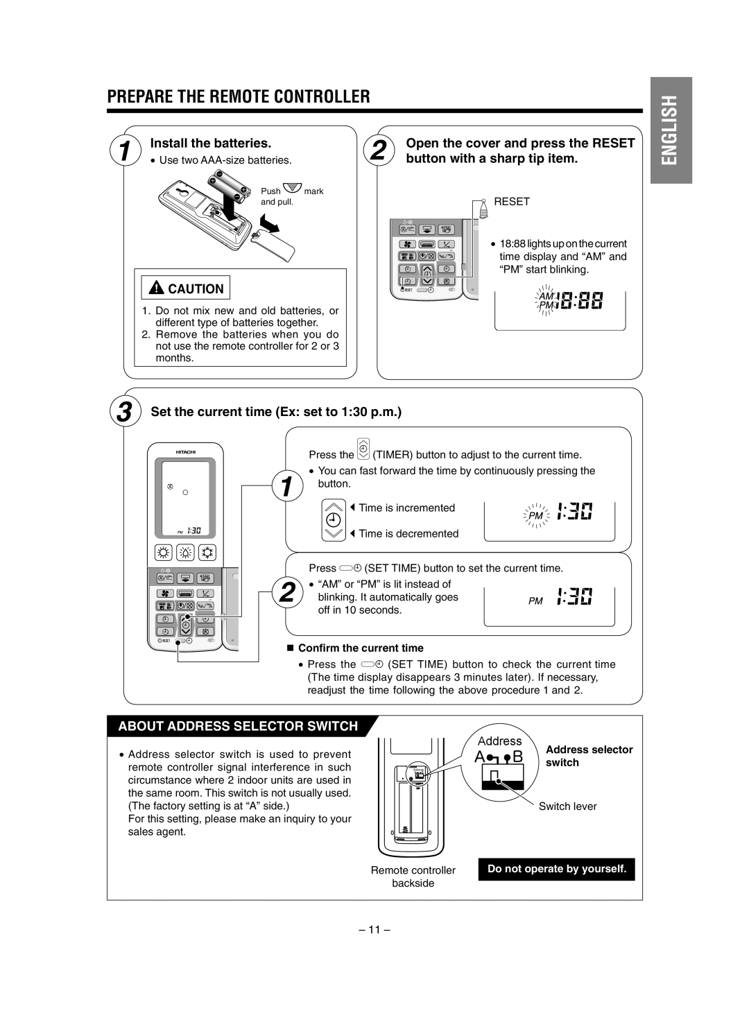 Hitachi RAS-SX10HAK / RAC-SX10HAK Prepare The Remote Controller, Install the batteries, Open the cover and press the RESET 