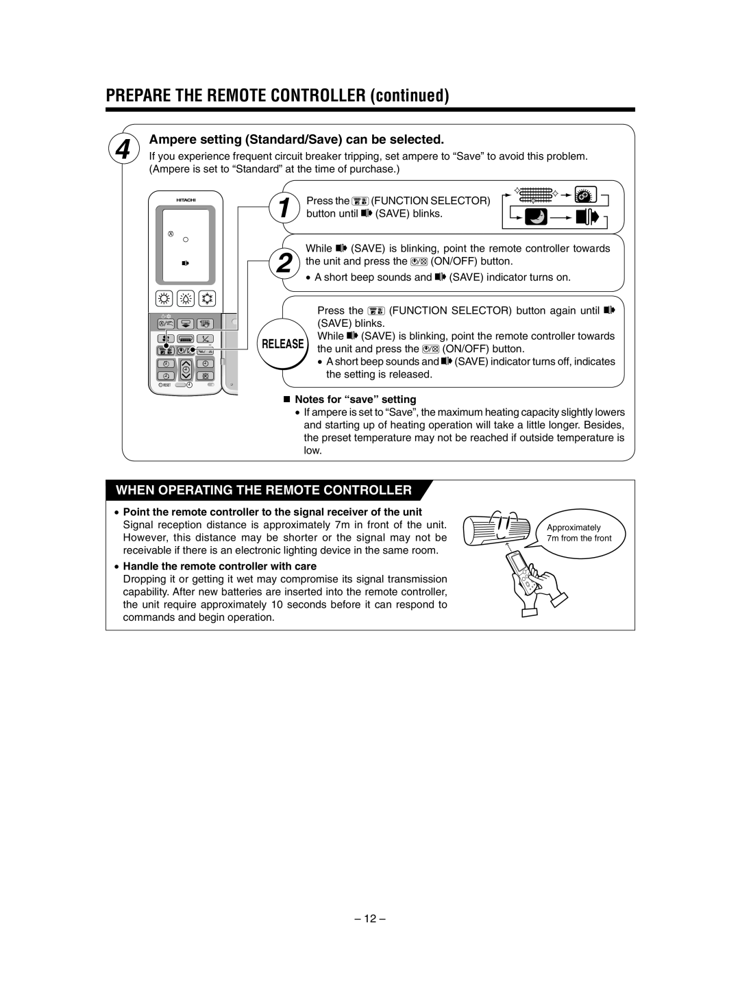 Hitachi RAS-SX13HAK / RAC-SX13HAK PREPARE THE REMOTE CONTROLLER continued, Ampere setting Standard/Save can be selected 