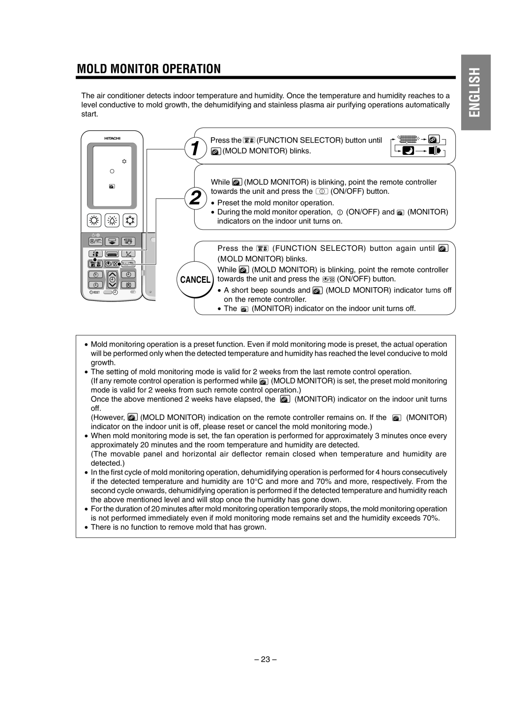 Hitachi RAS-SX10HAK / RAC-SX10HAK, RAS-SX13HAK / RAC-SX13HAK instruction manual Mold Monitor Operation, English 