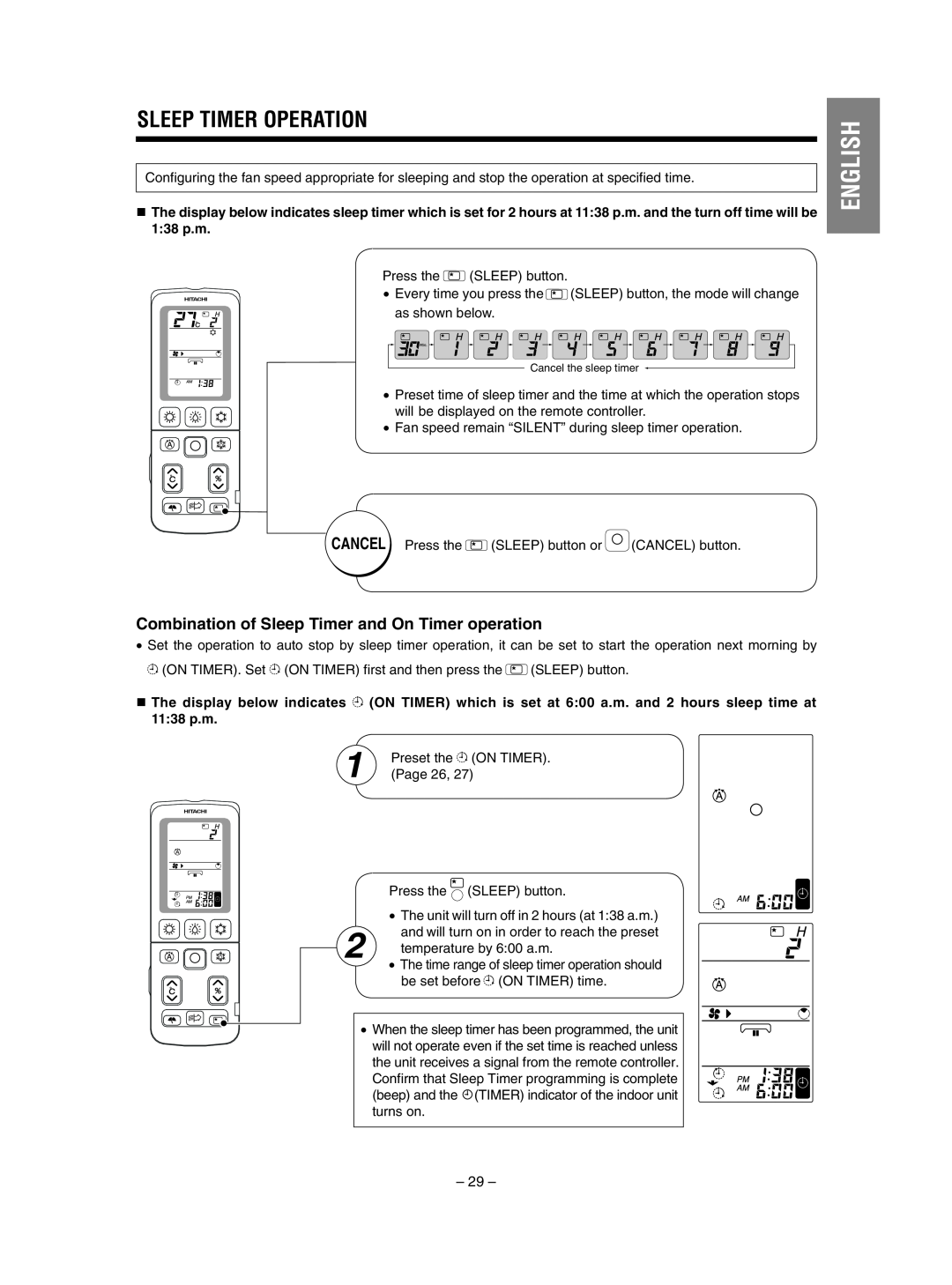 Hitachi RAS-SX10HAK / RAC-SX10HAK Sleep Timer Operation, Combination of Sleep Timer and On Timer operation, English 