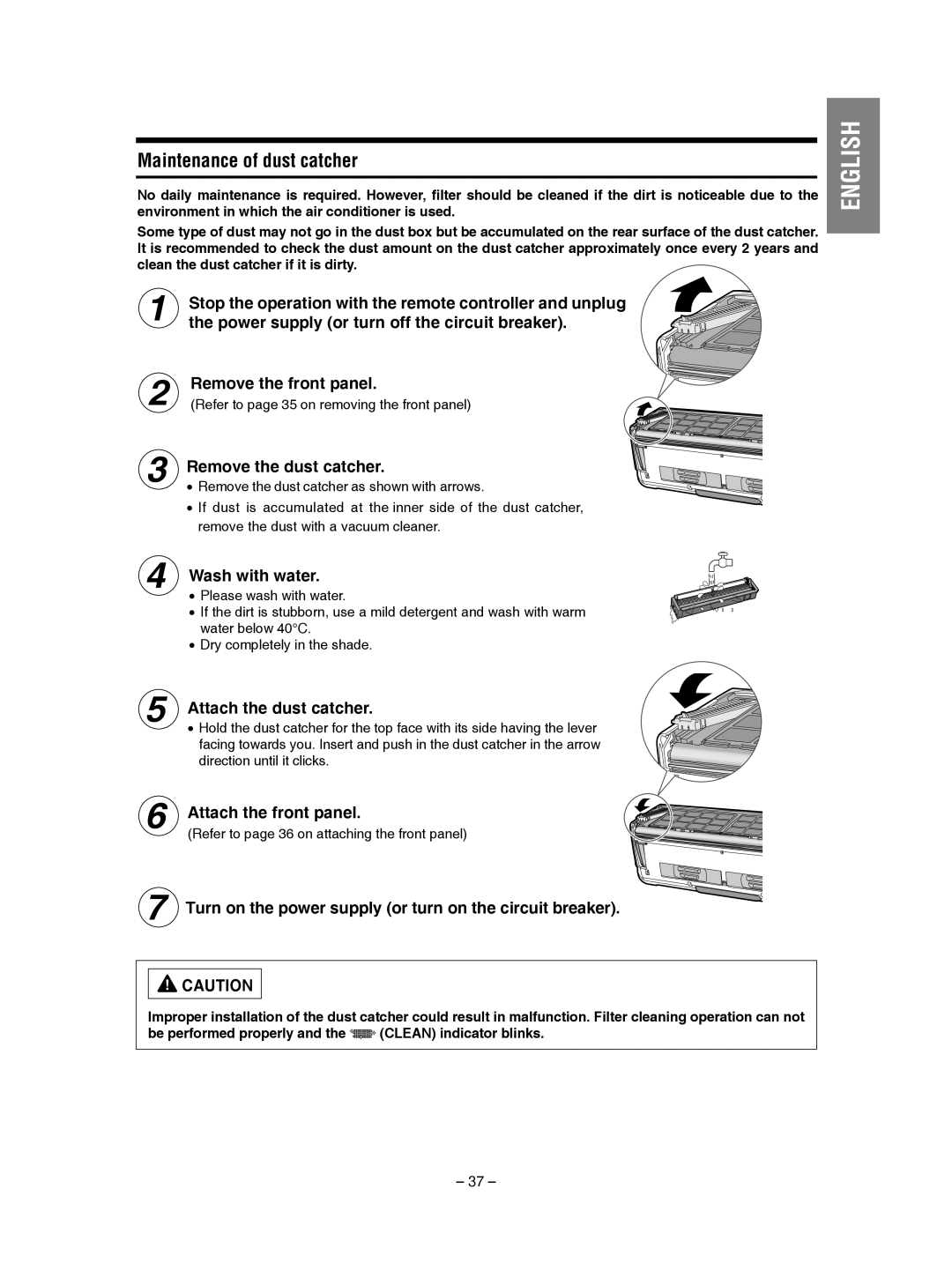 Hitachi RAS-SX10HAK / RAC-SX10HAK Maintenance of dust catcher, the power supply or turn off the circuit breaker, English 