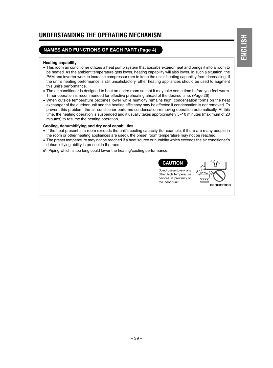 Hitachi RAS-SX10HAK / RAC-SX10HAK Understanding The Operating Mechanism, NAMES AND FUNCTIONS OF EACH PART Page, English 