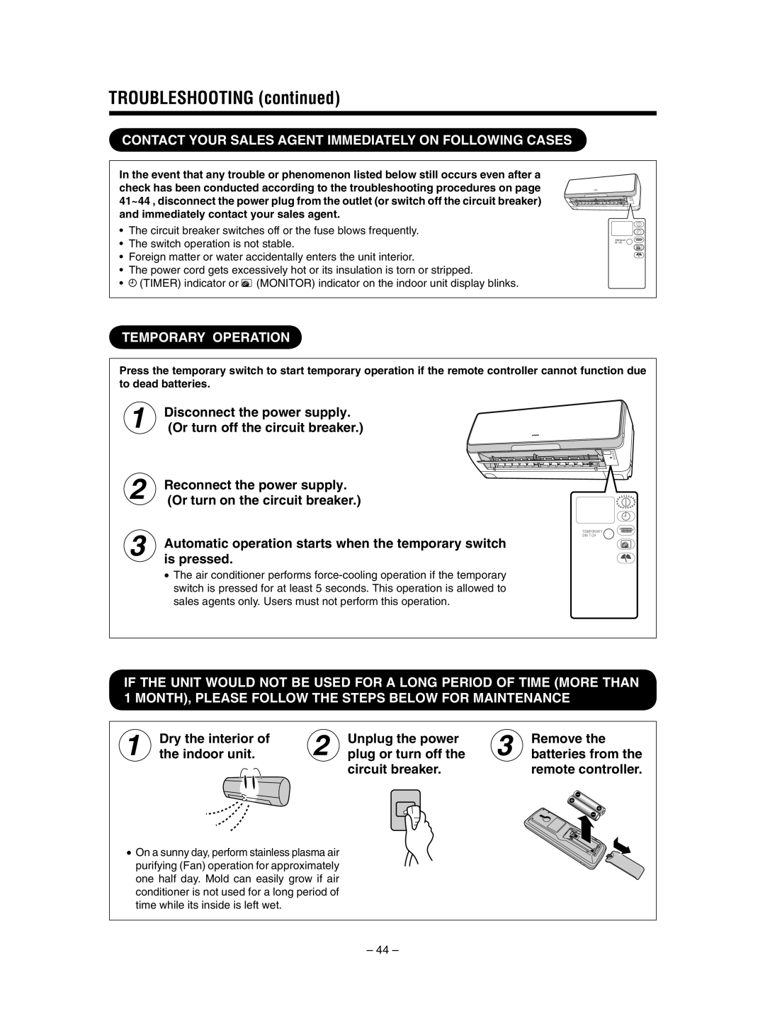 Hitachi RAS-SX13HAK / RAC-SX13HAK Contact Your Sales Agent Immediately On Following Cases, Temporary Operation, is pressed 