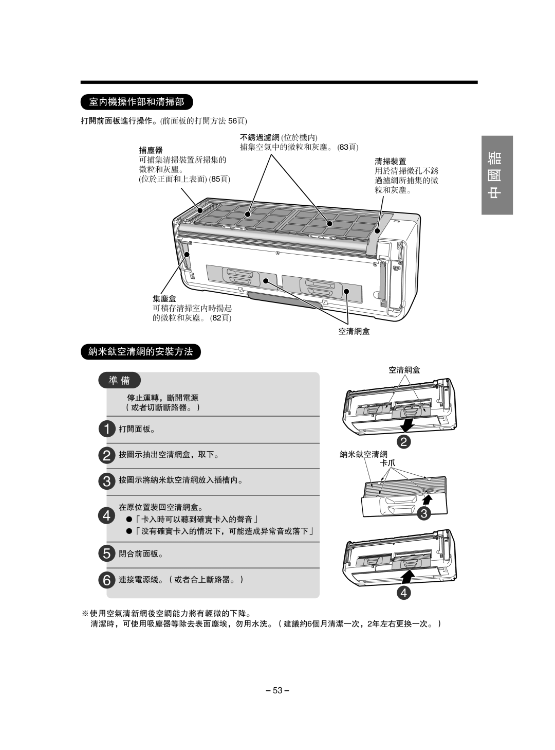 Hitachi RAS-SX10HAK / RAC-SX10HAK, RAS-SX13HAK / RAC-SX13HAK instruction manual 中 国 语, 室内机操作部和清扫部, 纳米钛空清网的安装方法 
