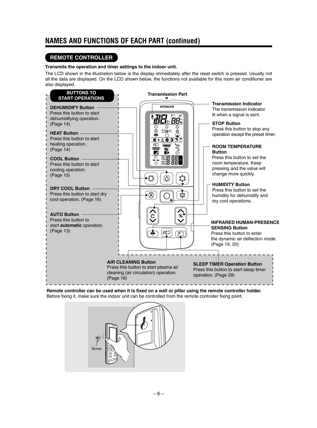 Hitachi RAS-SX13HAK / RAC-SX13HAK NAMES AND FUNCTIONS OF EACH PART continued, Remote Controller, Buttons To 