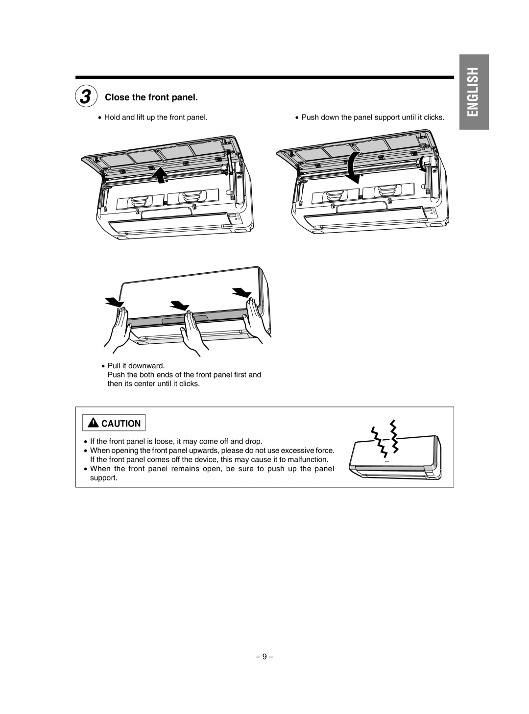 Hitachi RAS-SX10HAK / RAC-SX10HAK, RAS-SX13HAK / RAC-SX13HAK instruction manual Close the front panel, English 