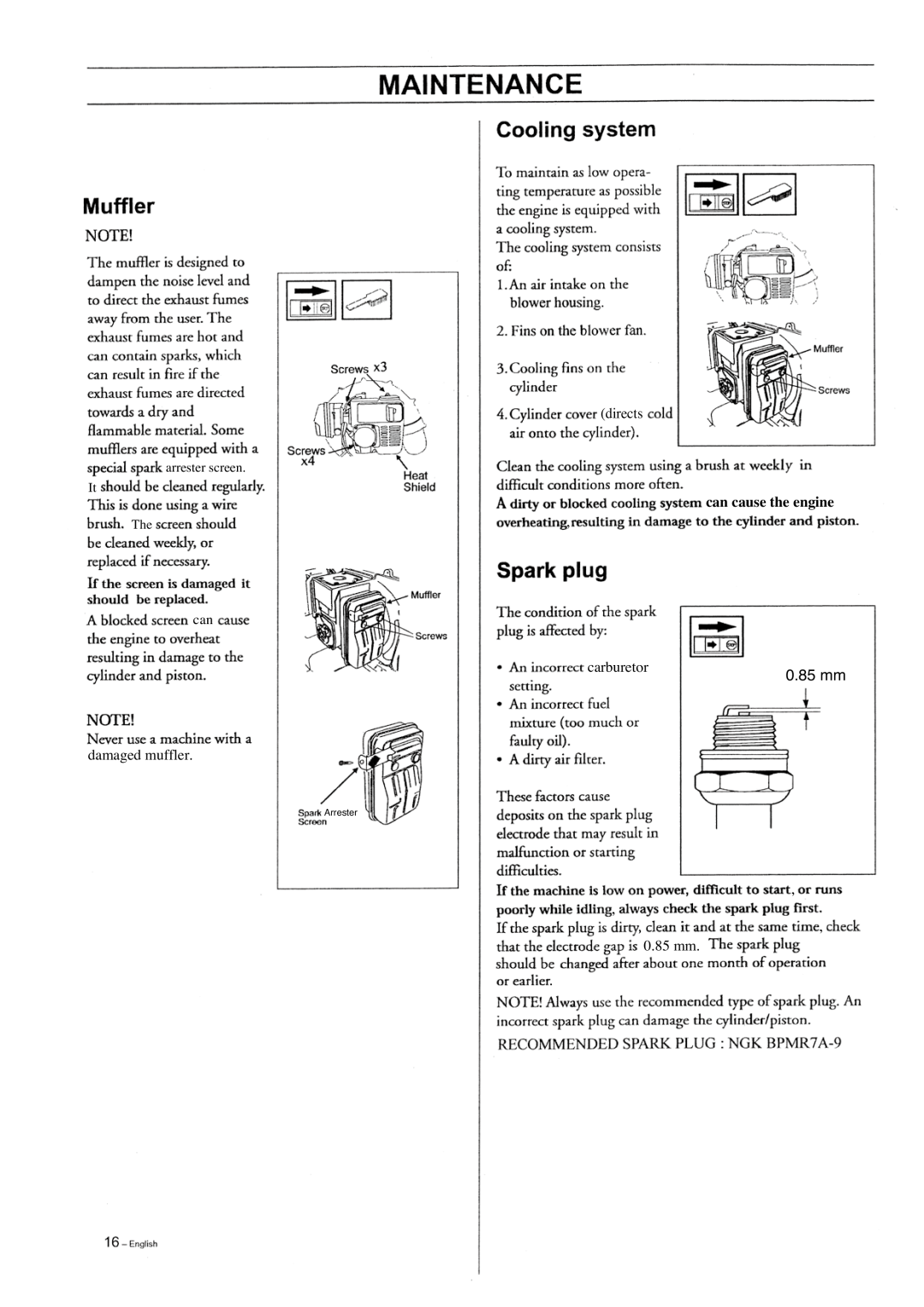Hitachi RB 65EF manual 0.85 mm, can cause the engine, arrester screen It The, Arrester 
