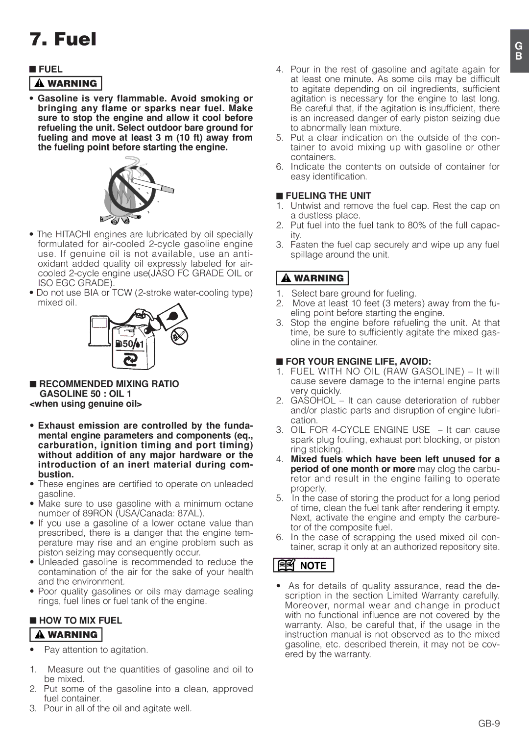 Hitachi RB160EF owner manual Fuel 