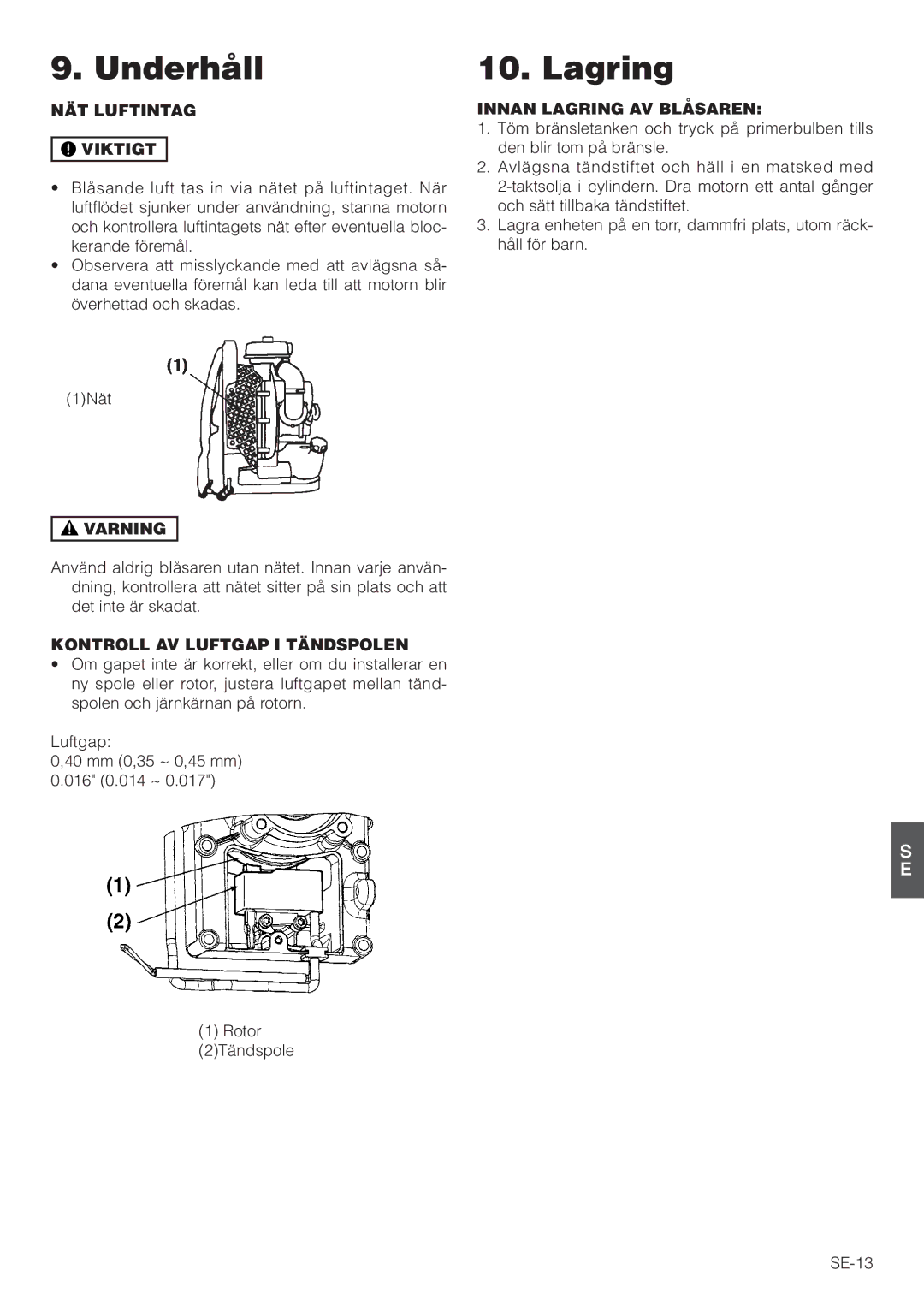 Hitachi RB160EF owner manual NÄT Luftintag Viktigt, Kontroll AV Luftgap I Tändspolen, Innan Lagring AV Blåsaren 