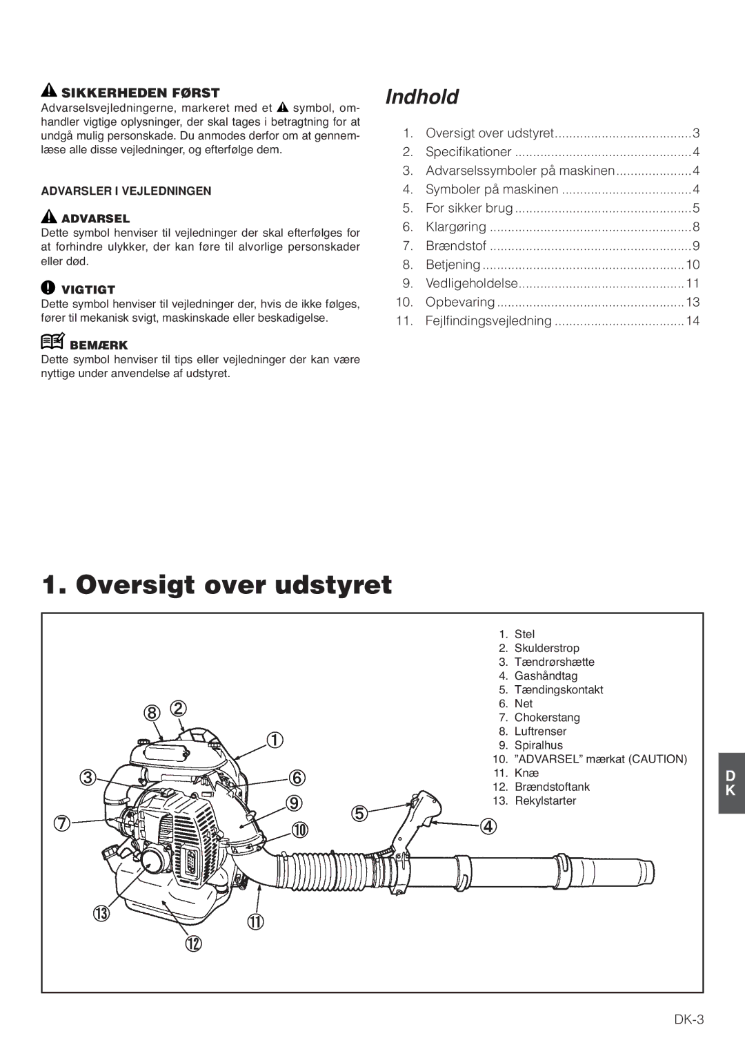 Hitachi RB160EF owner manual Oversigt over udstyret, Sikkerheden Først, Advarsler I Vejledningen, Vigtigt, Bemærk 