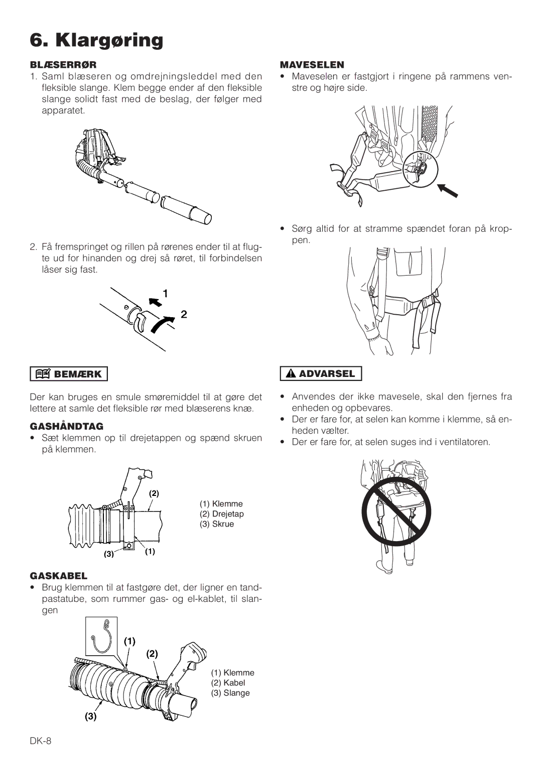 Hitachi RB160EF owner manual Klargøring, Blæserrør, Maveselen, Gashåndtag 