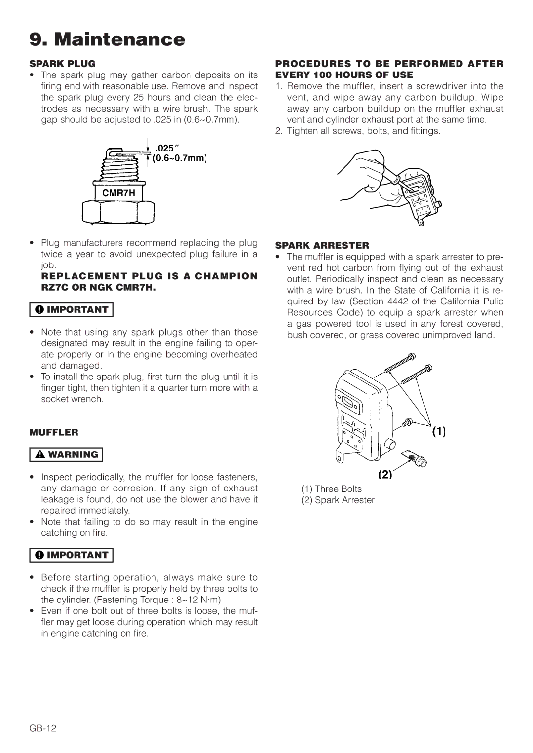 Hitachi RB160EF owner manual Spark Plug, Replacement Plug is a Champion RZ7C or NGK CMR7H, Muffler, Spark Arrester 