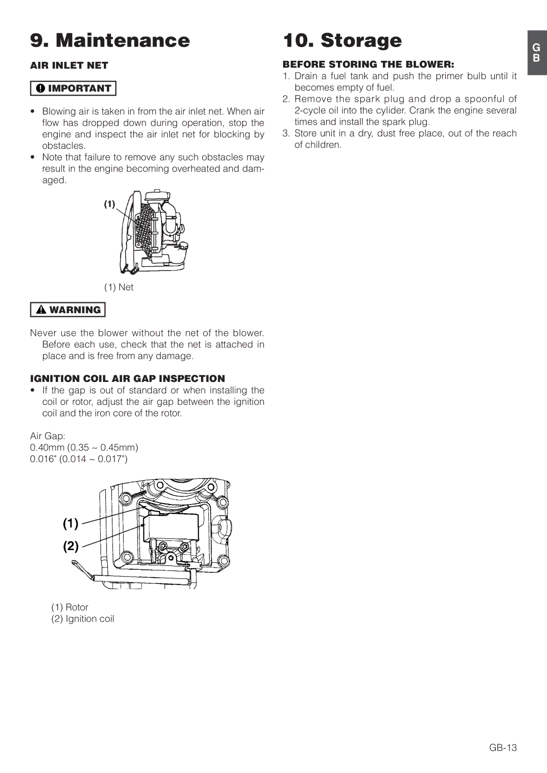 Hitachi RB160EF owner manual Storage, AIR Inlet NET, Ignition Coil AIR GAP Inspection, Before Storing the Blower 