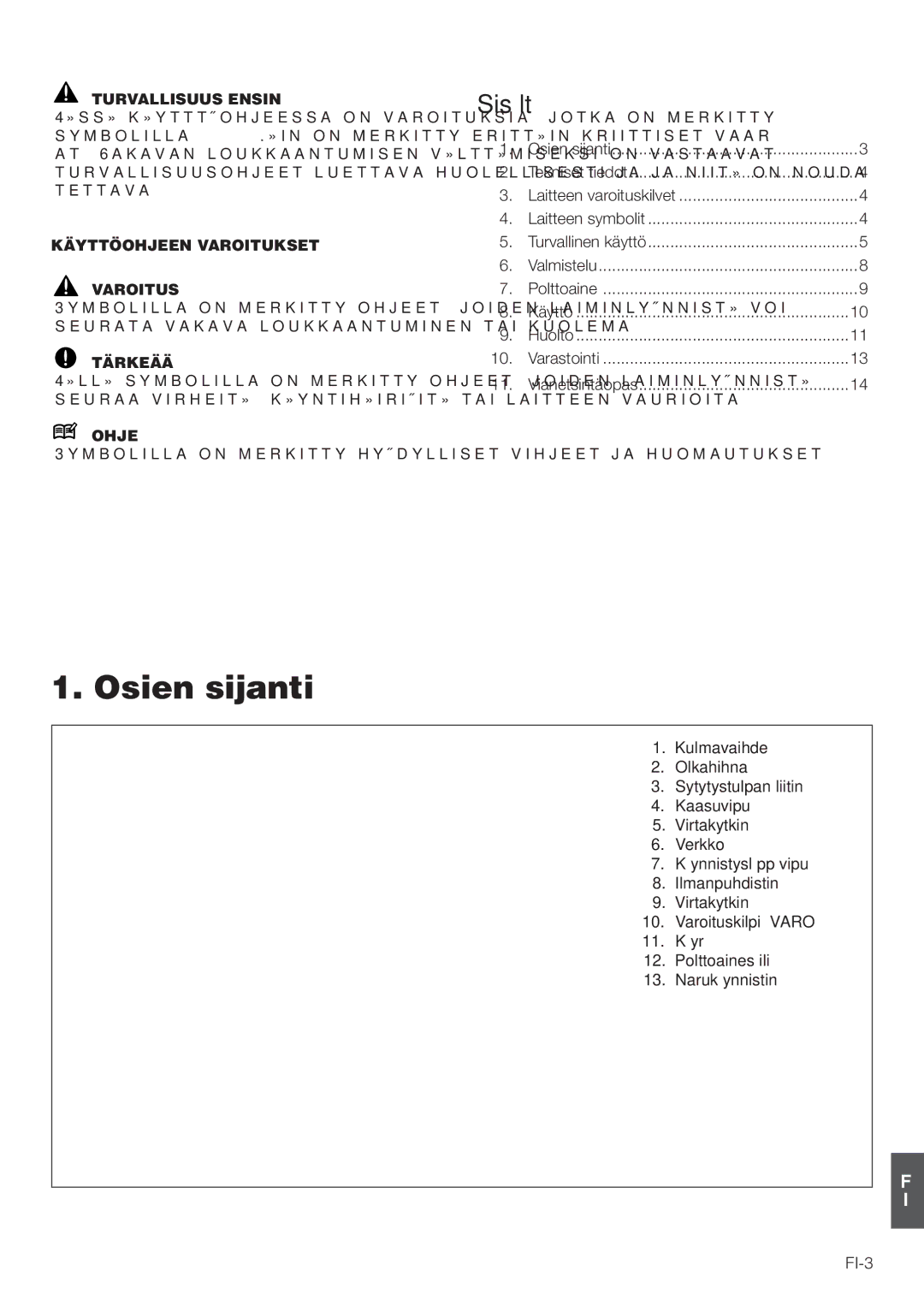 Hitachi RB160EF owner manual Osien sijanti, Turvallisuus Ensin, Käyttöohjeen Varoitukset Varoitus, Tärkeää, Ohje 