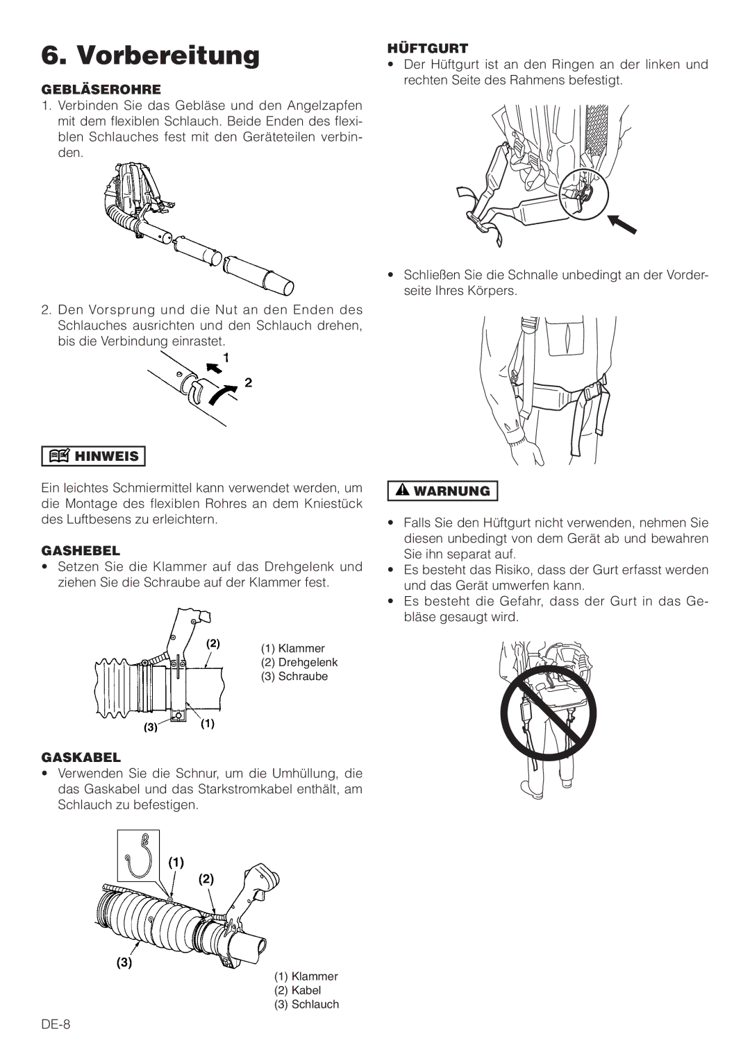 Hitachi RB160EF owner manual Vorbereitung, Gebläserohre, Hüftgurt, Gashebel, Gaskabel 