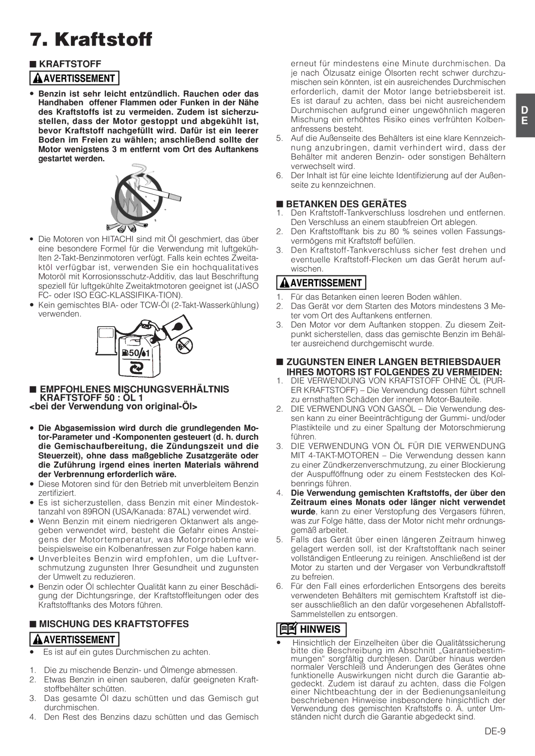 Hitachi RB160EF owner manual Kraftstoff, EMPFOHLENES Mischungsverhältnis Kraftstoff 50 ÖL, MISCHUNG DES Kraftstoffes 