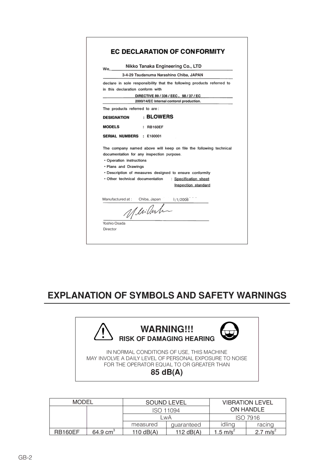 Hitachi RB160EF owner manual Explanation of Symbols and Safety Warnings 