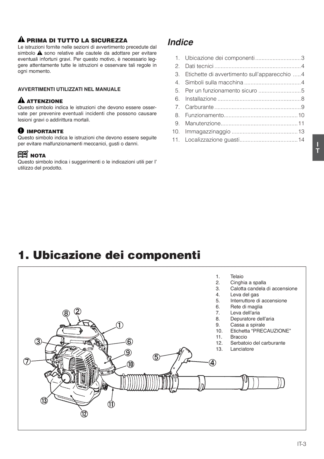 Hitachi RB160EF Ubicazione dei componenti, Prima DI Tutto LA Sicurezza, Avvertimenti Utilizzati NEL Manuale Attenzione 