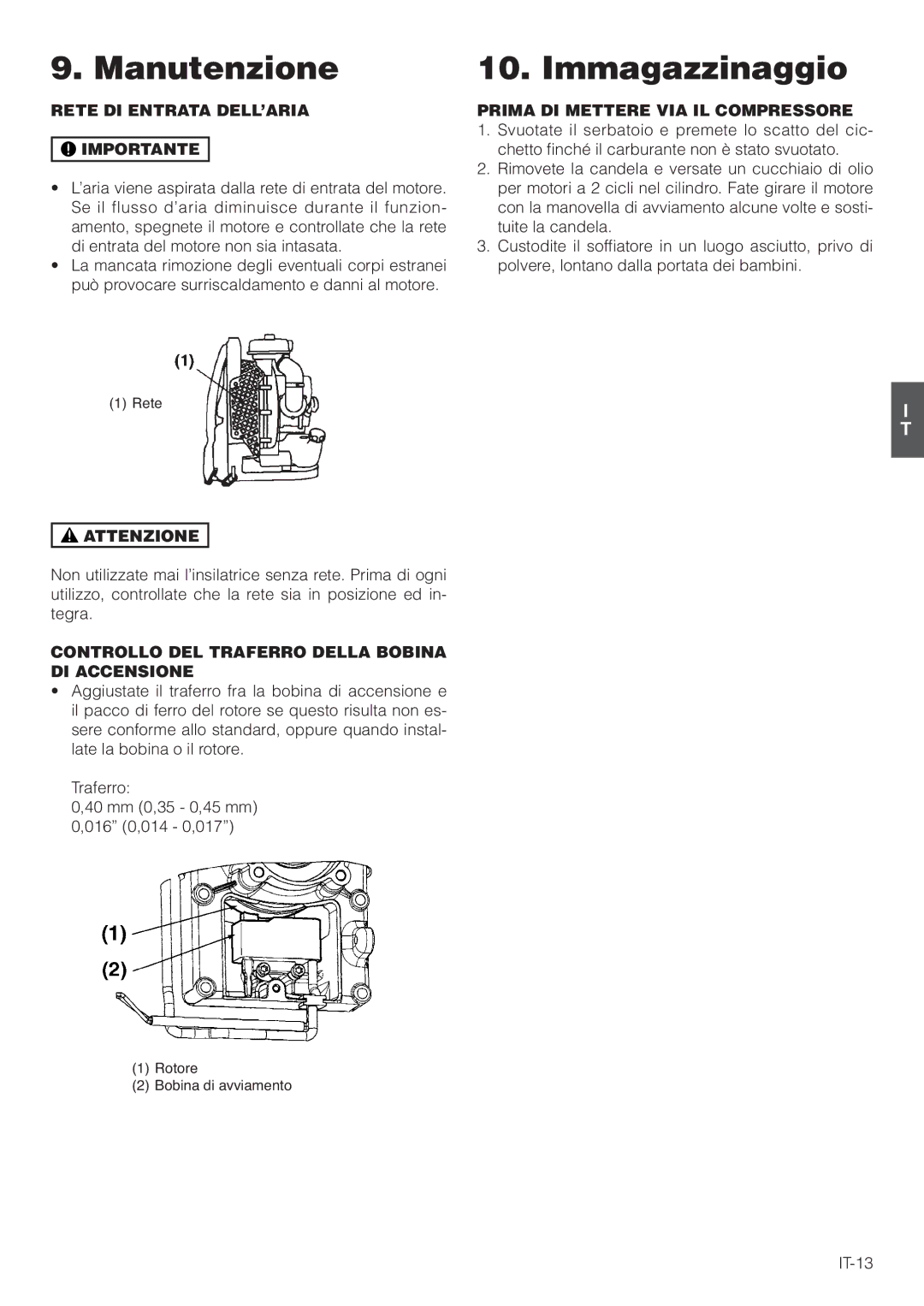 Hitachi RB160EF Immagazzinaggio, Rete DI Entrata DELL’ARIA Importante, Controllo DEL Traferro Della Bobina DI Accensione 