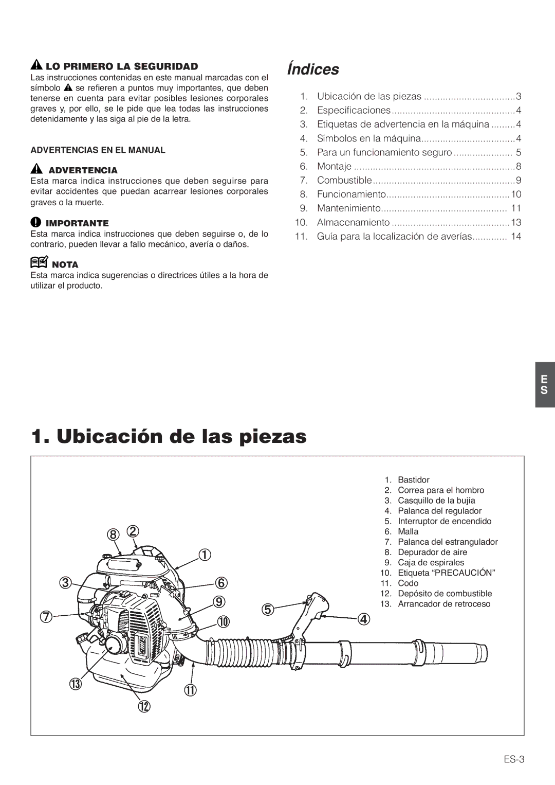 Hitachi RB160EF owner manual Ubicación de las piezas, LO Primero LA Seguridad, Advertencias EN EL Manual 