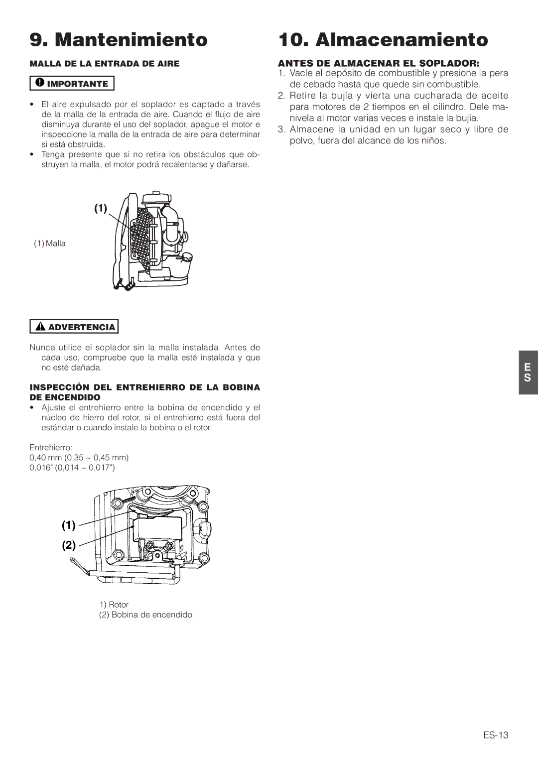 Hitachi RB160EF owner manual Almacenamiento, Antes DE Almacenar EL Soplador, Malla DE LA Entrada DE Aire Importante 