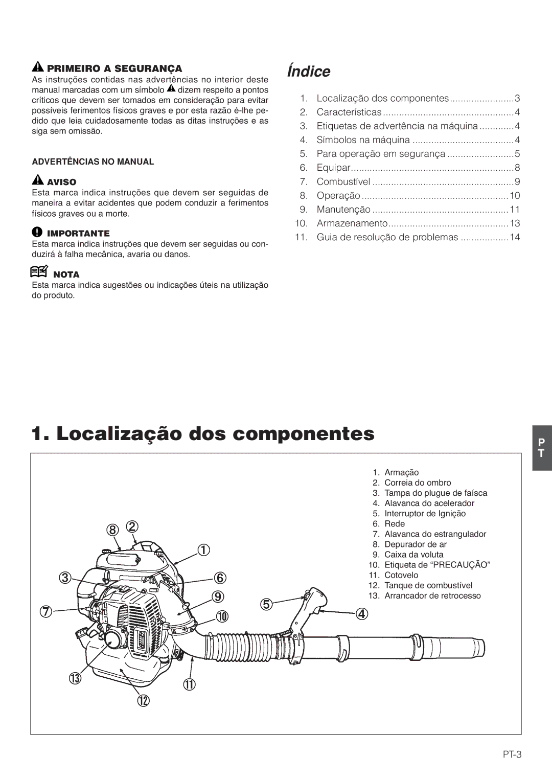 Hitachi RB160EF owner manual Localização dos componentes, Primeiro a Segurança, Advertências no Manual Aviso 