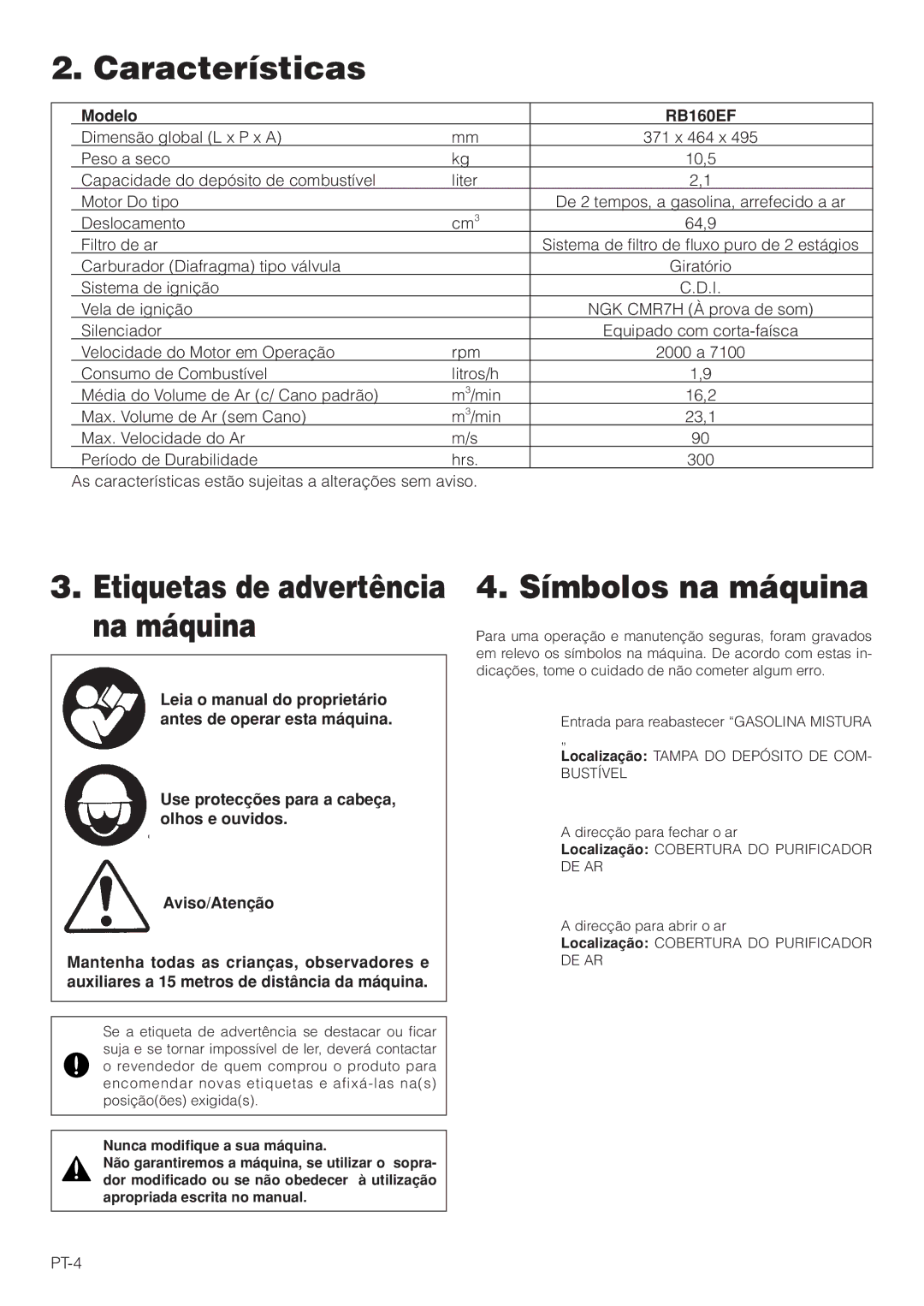 Hitachi RB160EF owner manual Características, Símbolos na máquina 