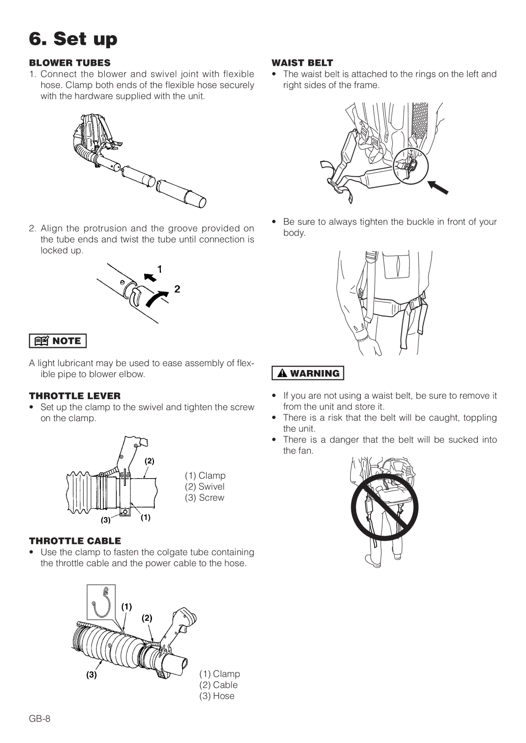 Hitachi RB160EF owner manual Set up, Blower Tubes, Waist Belt, Throttle Lever, Throttle Cable 