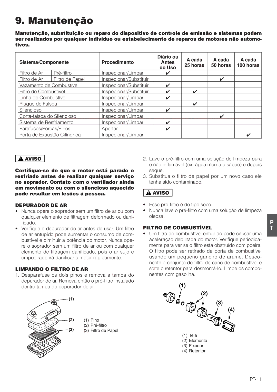 Hitachi RB160EF owner manual Manutenção, Depurador DE AR, Limpando O Filtro DE AR, Filtro DE Combustível 