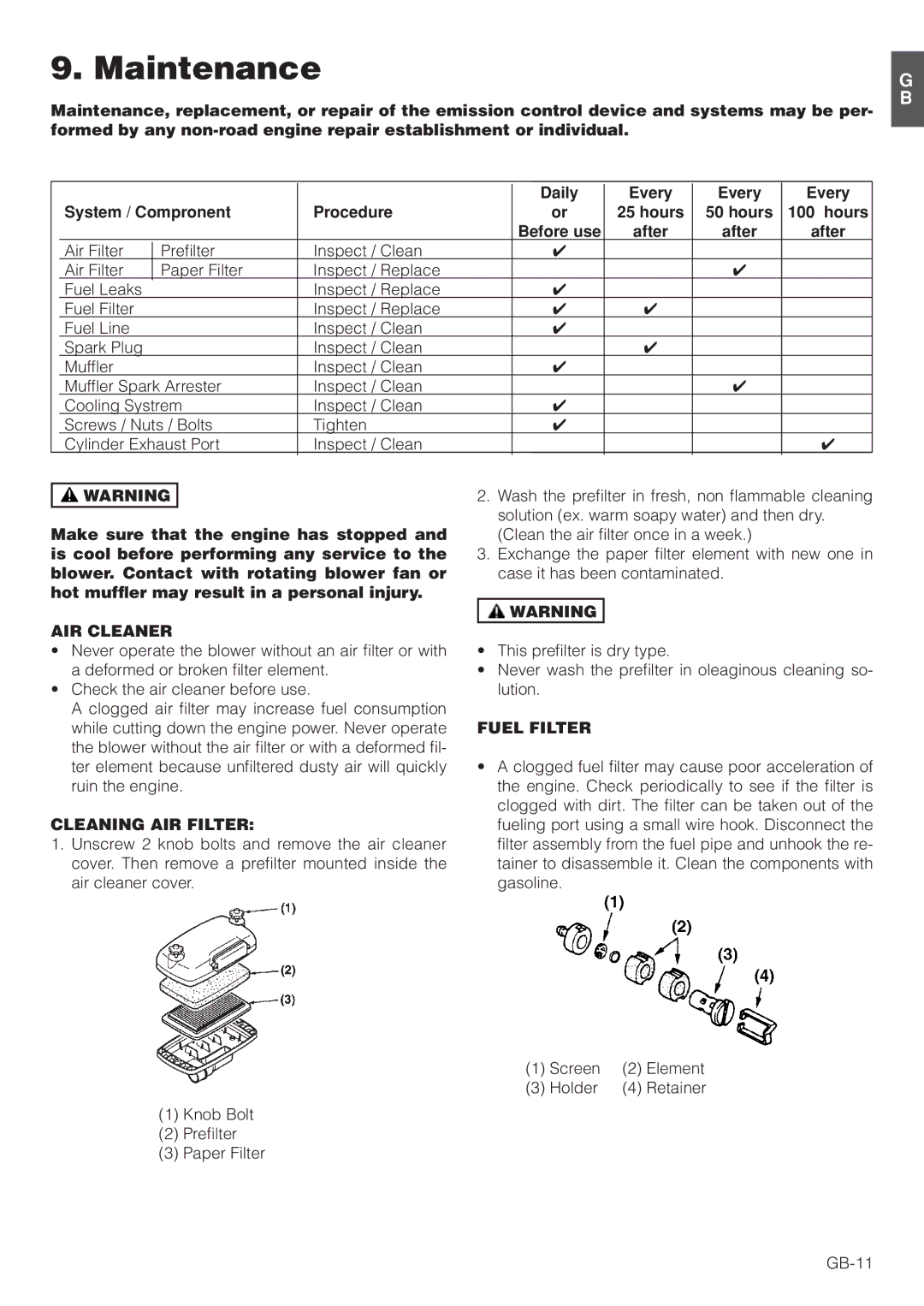 Hitachi RB160EF owner manual Maintenance, AIR Cleaner, Cleaning AIR Filter, Fuel Filter 