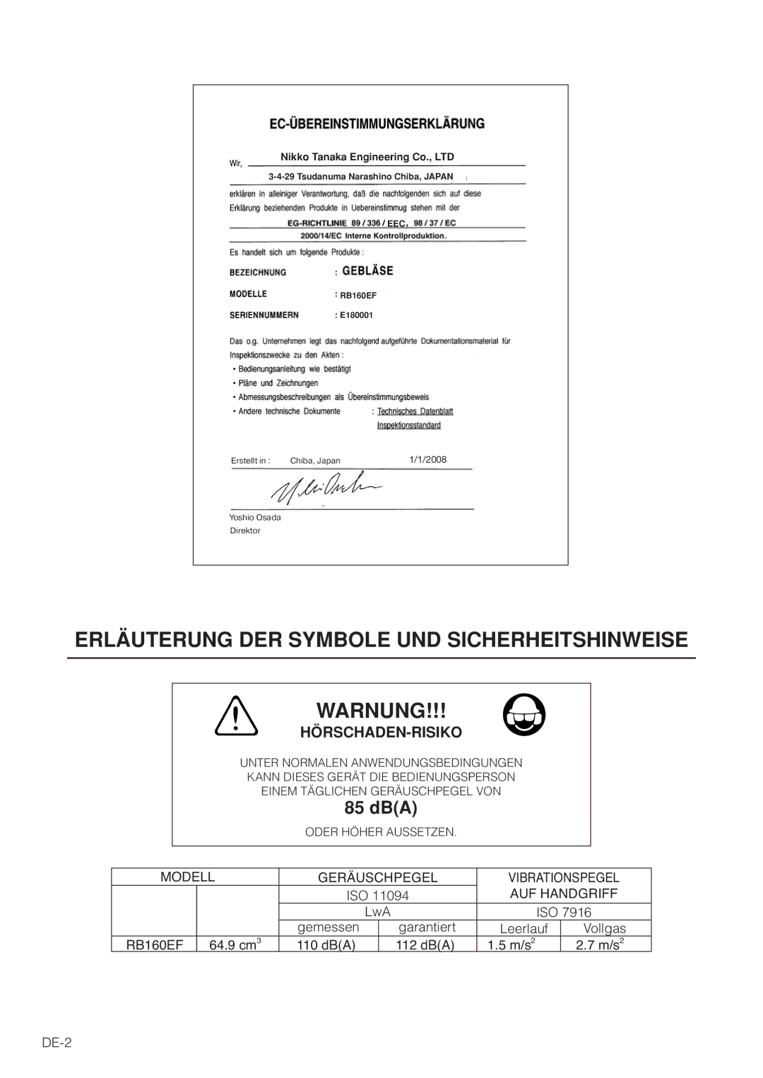 Hitachi RB160EF owner manual Erläuterung DER Symbole UND Sicherheitshinweise Warnung 