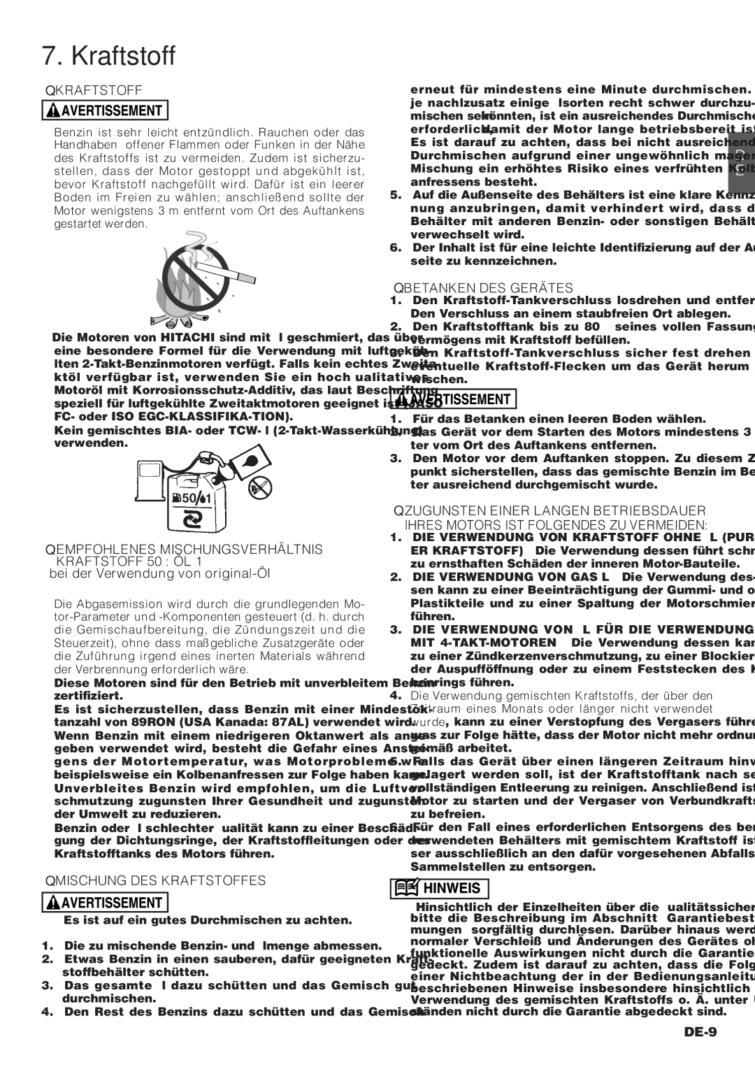 Hitachi RB160EF owner manual Kraftstoff, EMPFOHLENES Mischungsverhältnis Kraftstoff 50 ÖL, MISCHUNG DES Kraftstoffes 