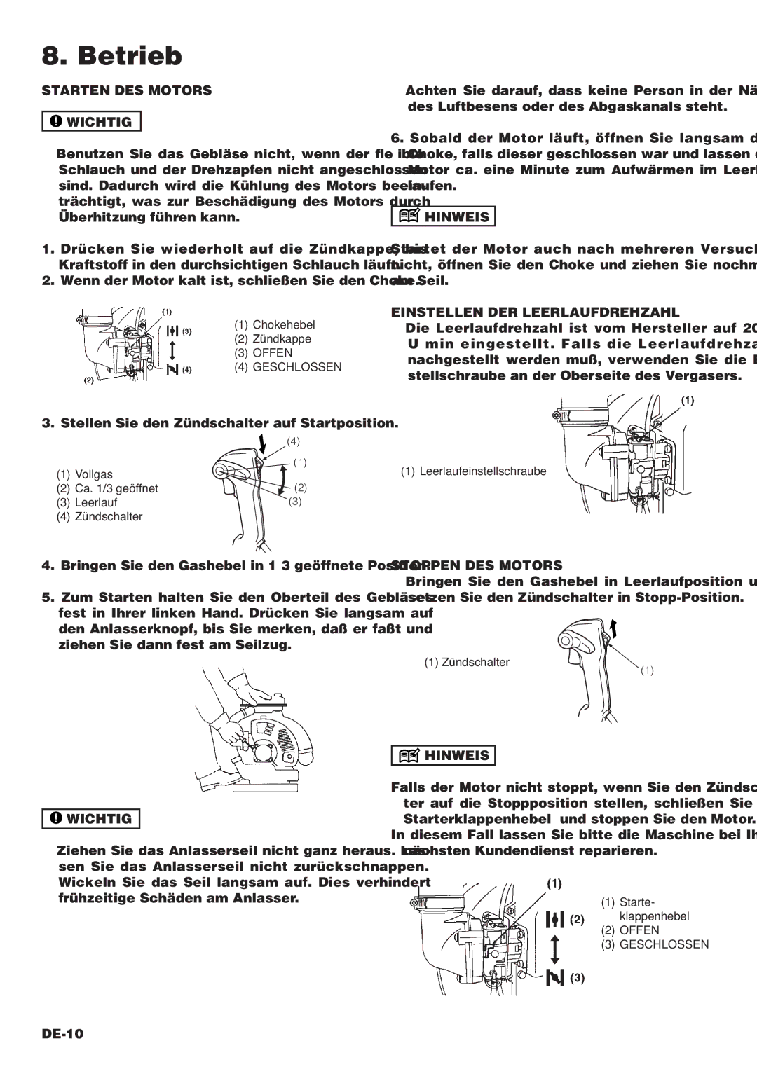 Hitachi RB160EF owner manual Betrieb, Starten DES Motors Wichtig, Einstellen DER Leerlaufdrehzahl, Stoppen DES Motors 