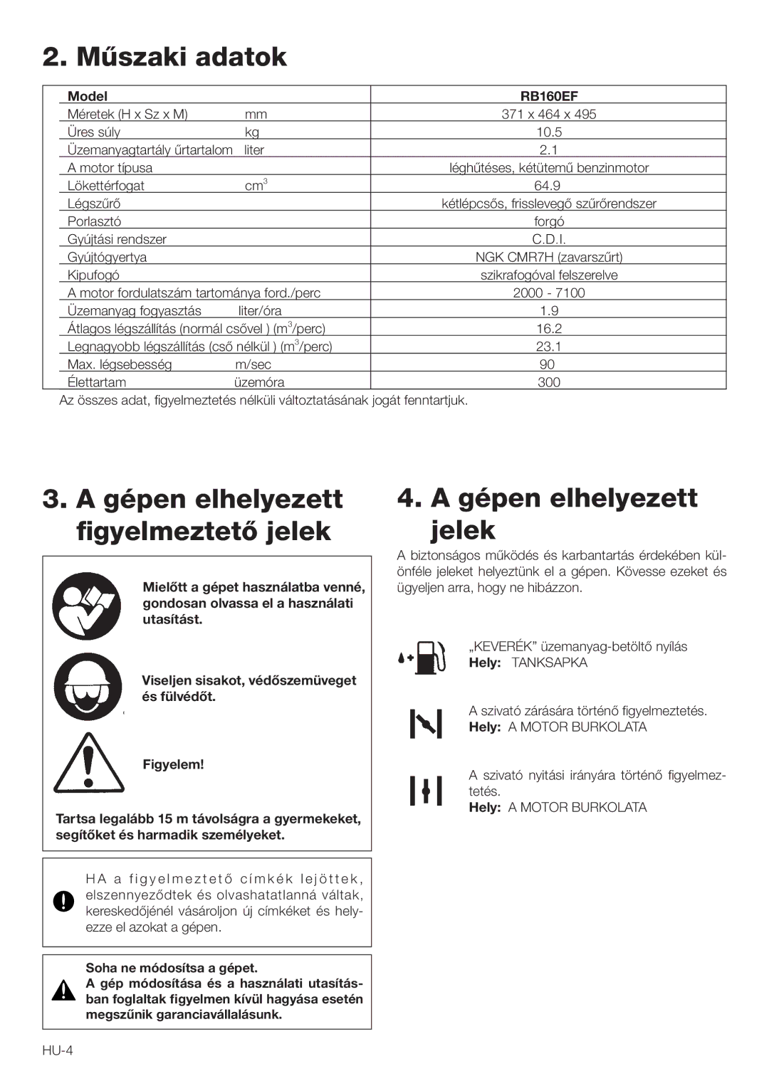 Hitachi RB160EF owner manual  -ÒSZAKI Adatok, Igyelem 