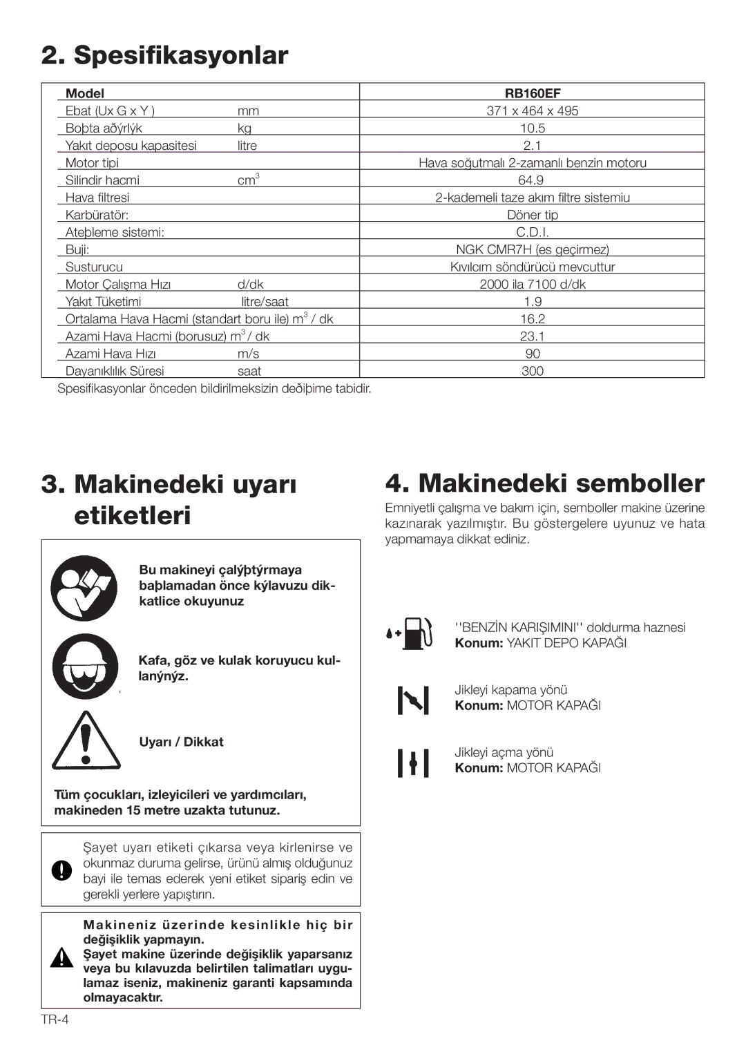 Hitachi RB160EF owner manual  3PESIüKASYONLAR,  -AKINEDEKIIUYARàD, Etiketleri,  -Akinedekiisemboller 