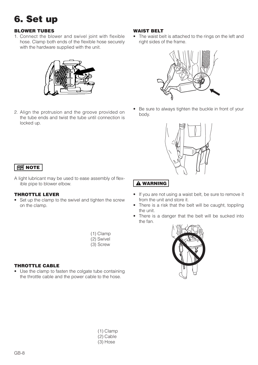 Hitachi RB160EF owner manual Set up, Blower Tubes, Waist Belt, Throttle Lever, Throttle Cable 