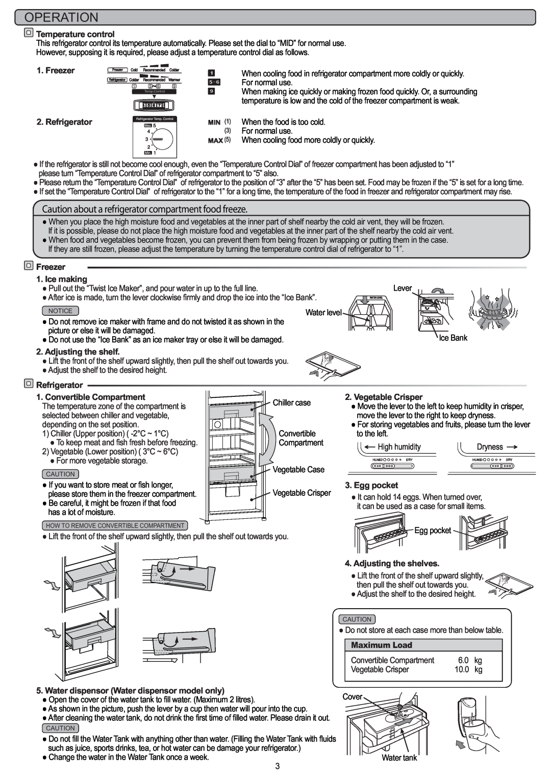 Hitachi instruction manual Operation, Caution about a refrigerator compartment food freeze 
