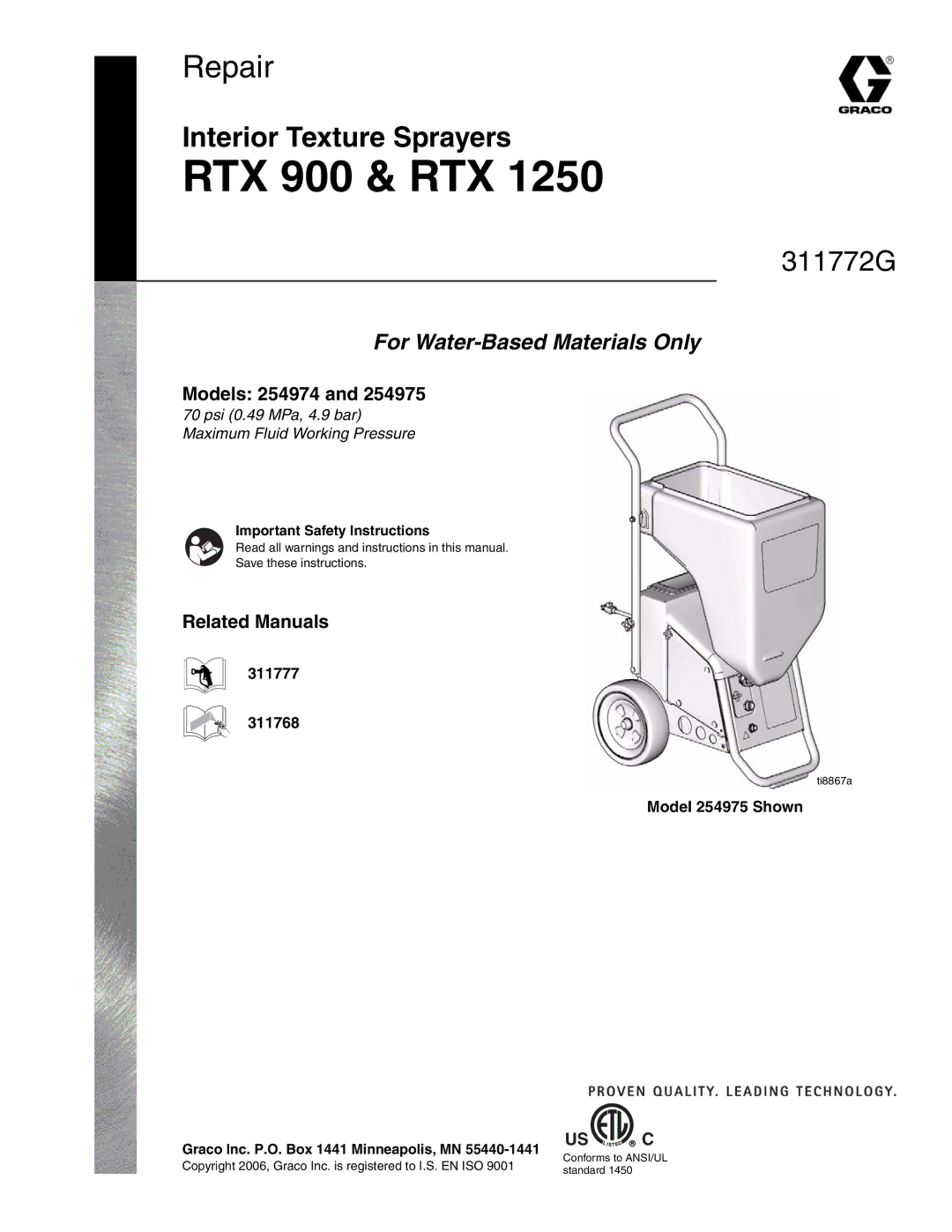 Hitachi RTX 900 important safety instructions Models 254974, Related Manuals, 311777 311768, Model 254975 Shown 