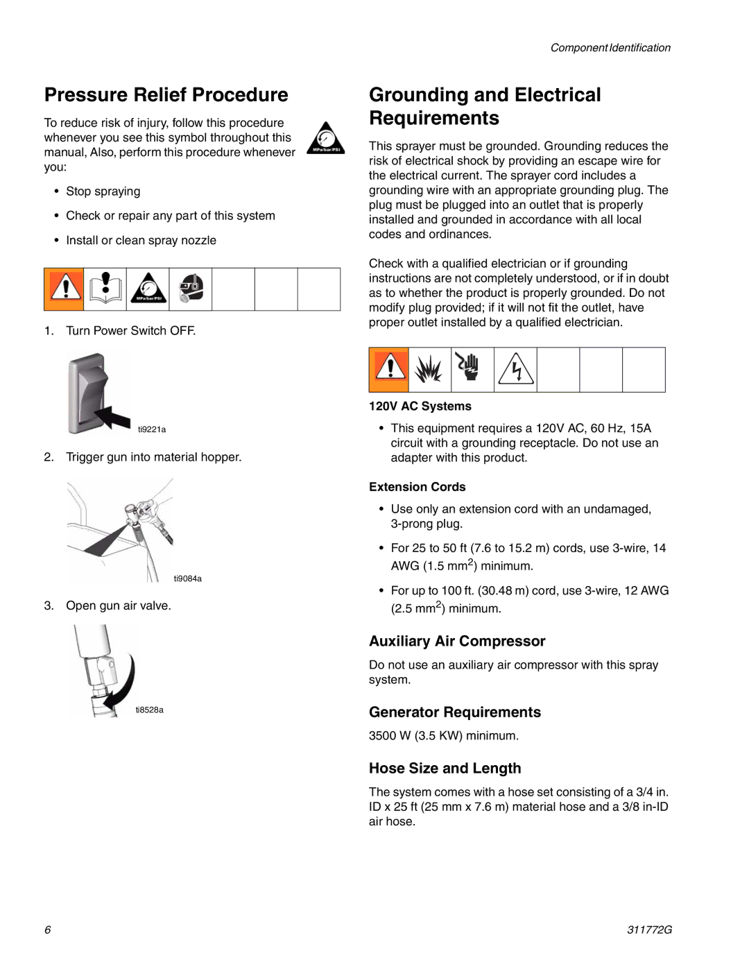 Hitachi RTX 900 Pressure Relief Procedure, Grounding and Electrical Requirements, Auxiliary Air Compressor 