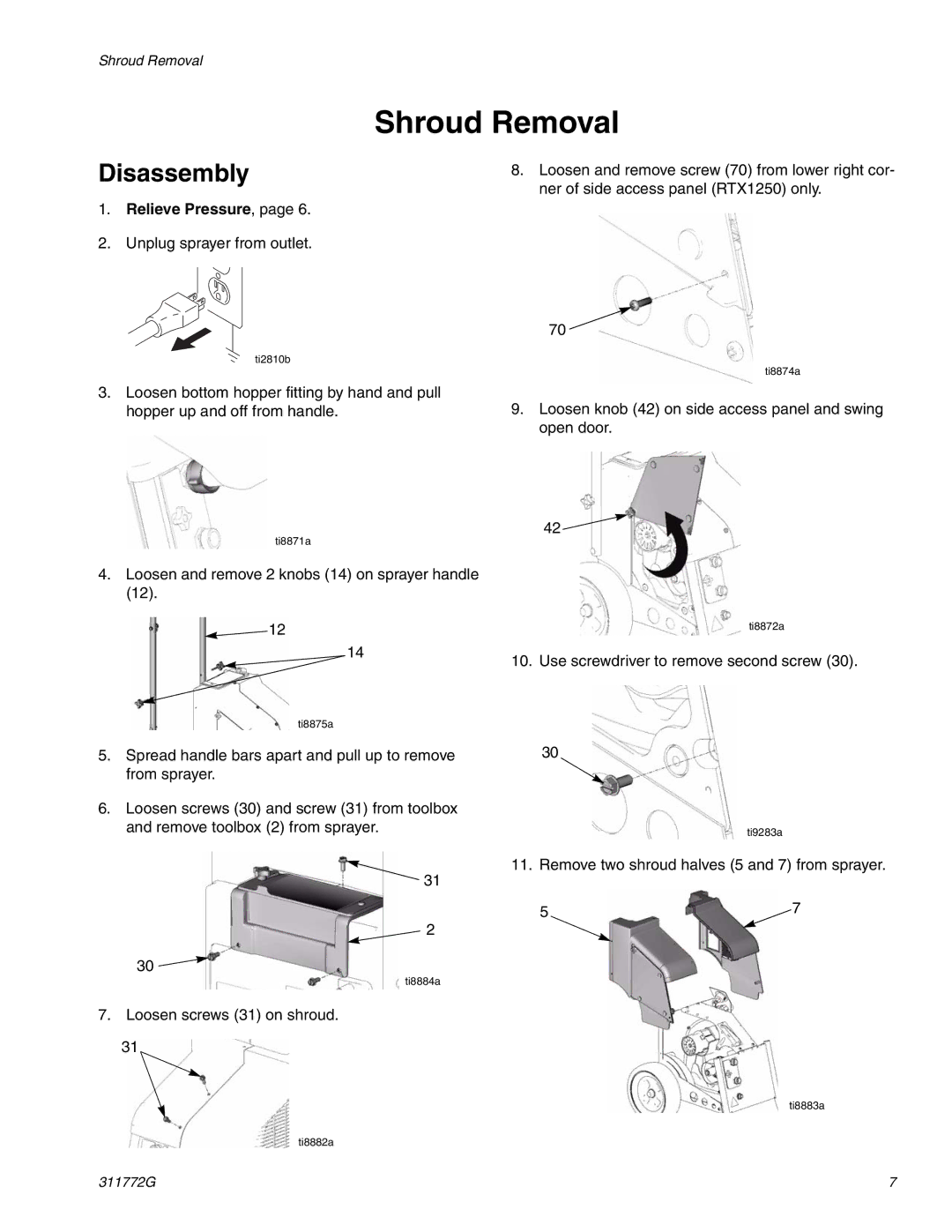 Hitachi RTX 900 important safety instructions Shroud Removal, Disassembly, Relieve Pressure 