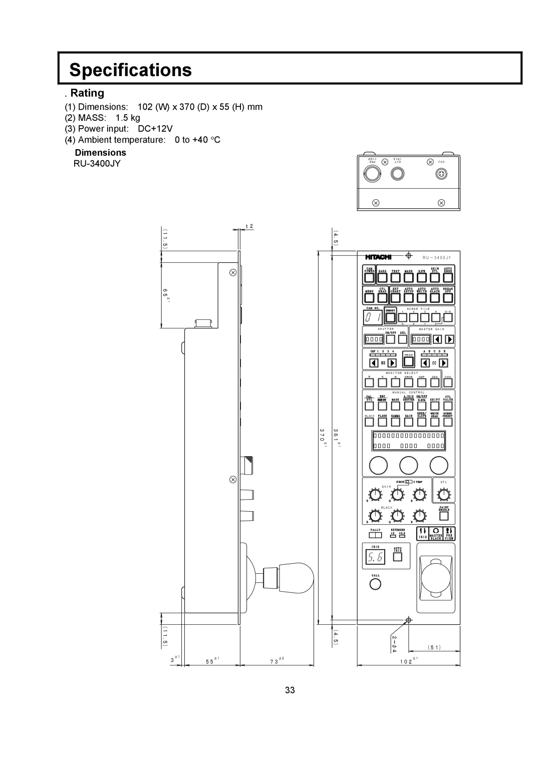 Hitachi RU-3400JY/VR S10 operating instructions Specifications, Dimensions 