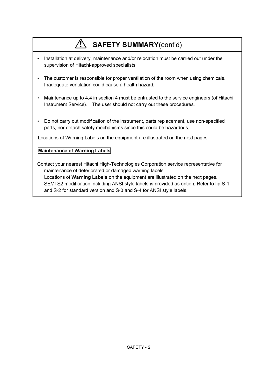 Hitachi S-4800 manual Safety SUMMARYcont’d, Maintenance of Warning Labels 