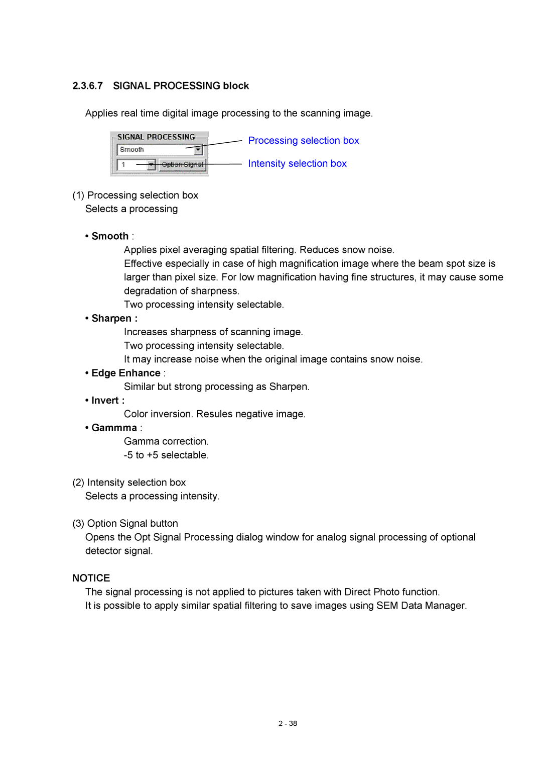 Hitachi S-4800 manual Signal Processing block, Smooth, Sharpen, Edge Enhance, Invert, Gammma 