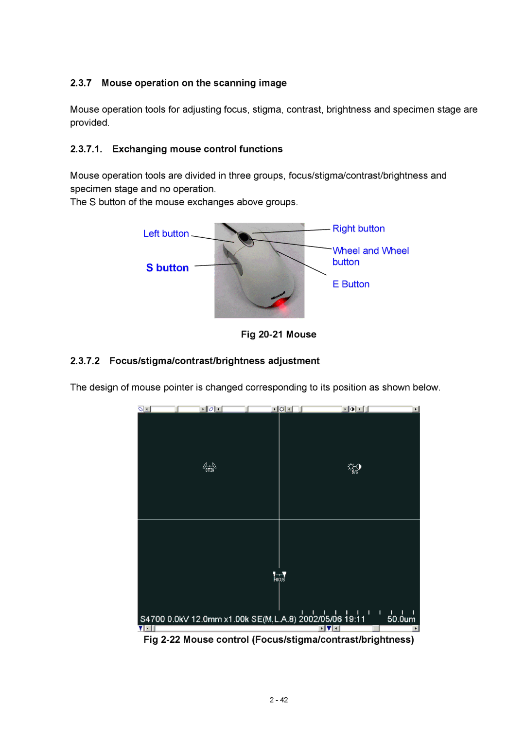 Hitachi S-4800 manual Mouse operation on the scanning image, Exchanging mouse control functions 