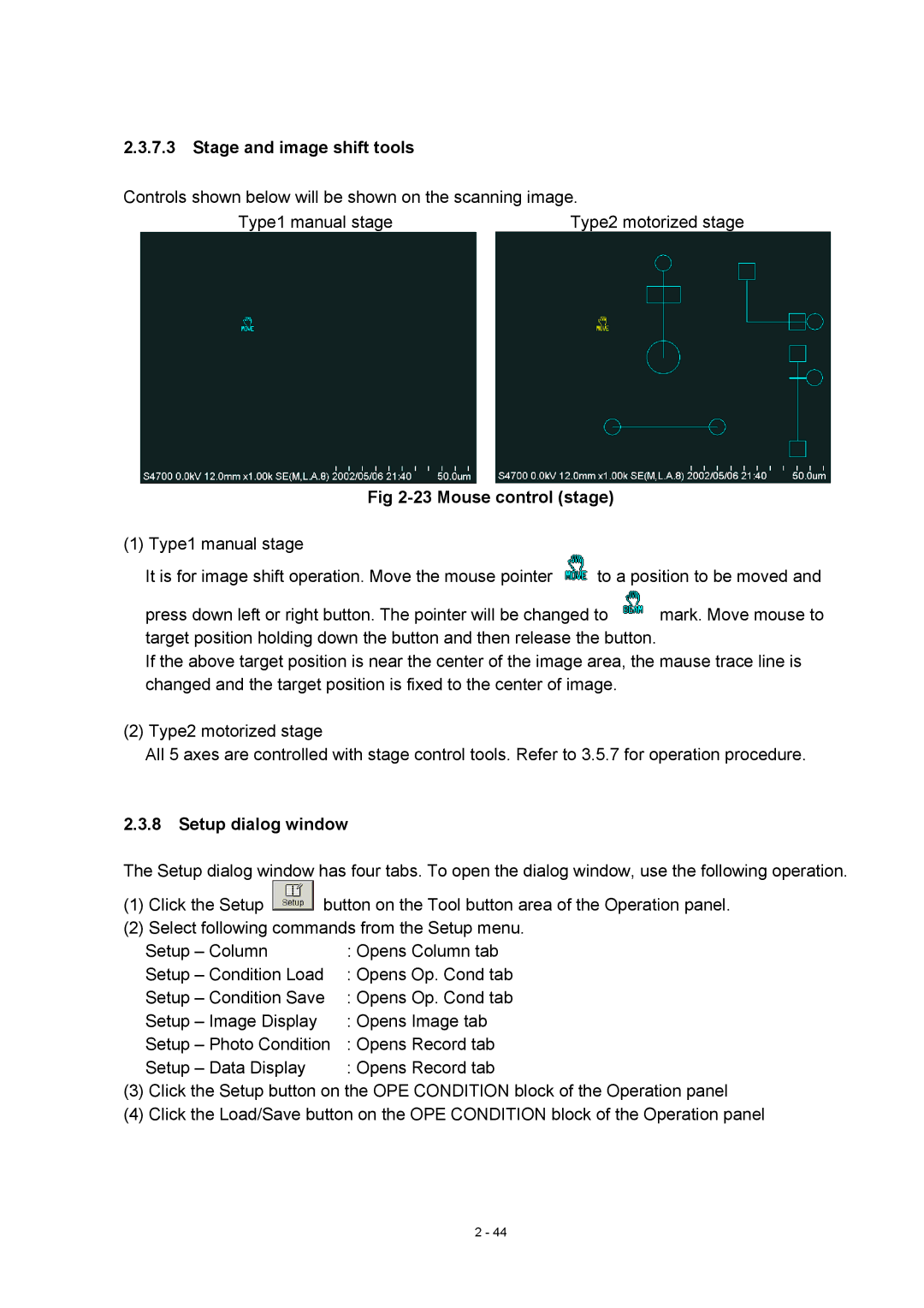 Hitachi S-4800 manual Stage and image shift tools, Mouse control stage, Setup dialog window 