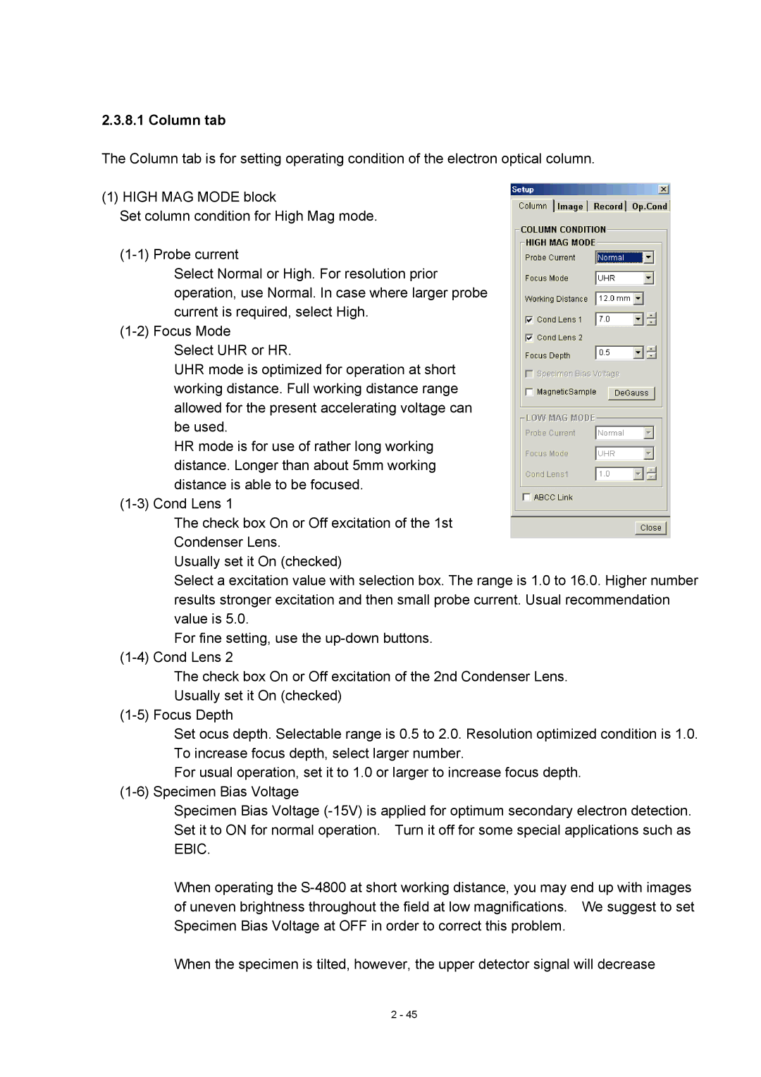 Hitachi S-4800 manual Column tab 