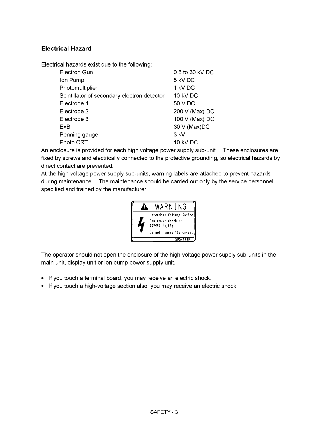 Hitachi S-4800 manual Electrical Hazard 